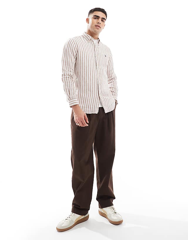 Asos Polo Ralph Lauren Icon Logo Stripe Linen Shirt Custom Fit In Beige/white