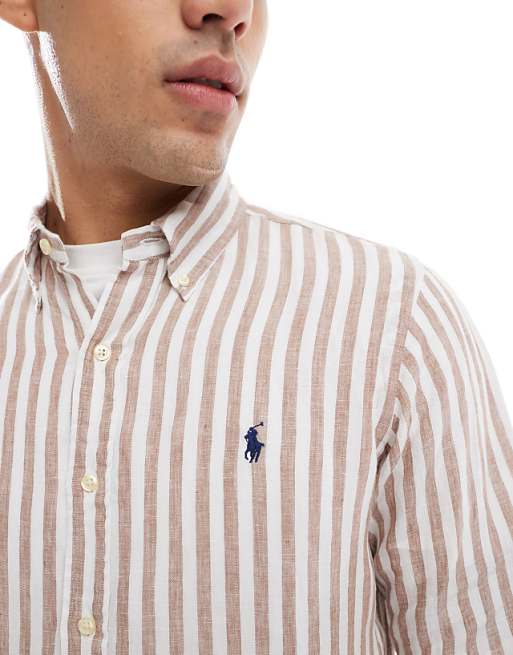 Asos Polo Ralph Lauren Icon Logo Stripe Linen Shirt Custom Fit In Beige/white