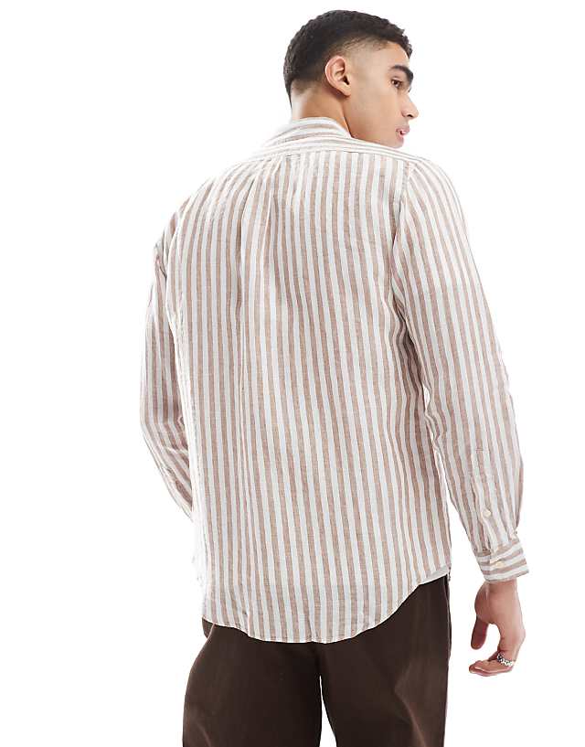Asos Polo Ralph Lauren Icon Logo Stripe Linen Shirt Custom Fit In Beige/white