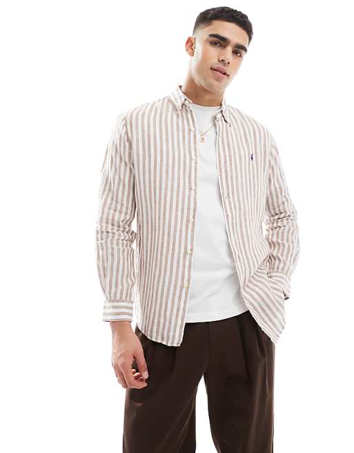 asos Polo Ralph Lauren icon logo stripe linen shirt custom fit in beige/white