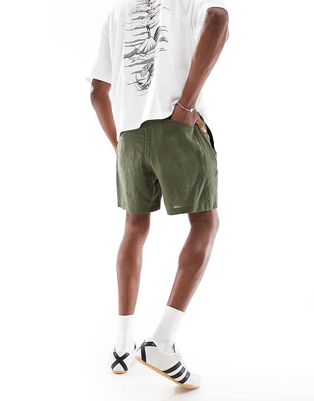 Asos Polo Ralph Lauren Prepsters Icon Logo Linen Shorts In Olive Green