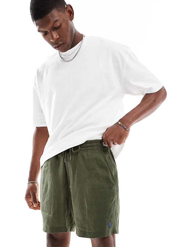Asos Polo Ralph Lauren Prepsters Icon Logo Linen Shorts In Olive Green