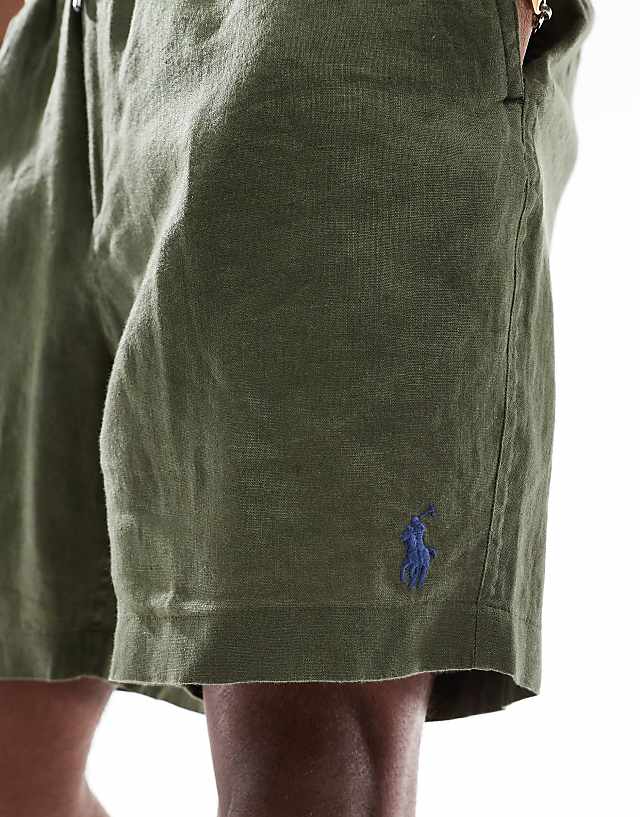 Asos Polo Ralph Lauren Prepsters Icon Logo Linen Shorts In Olive Green