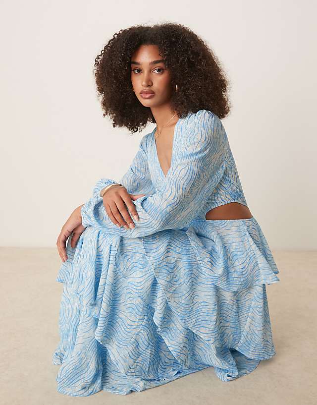 Asos Pretty Lavish Ashton Cut-out Ruffle Maxi Dress In Blue Swirl Print