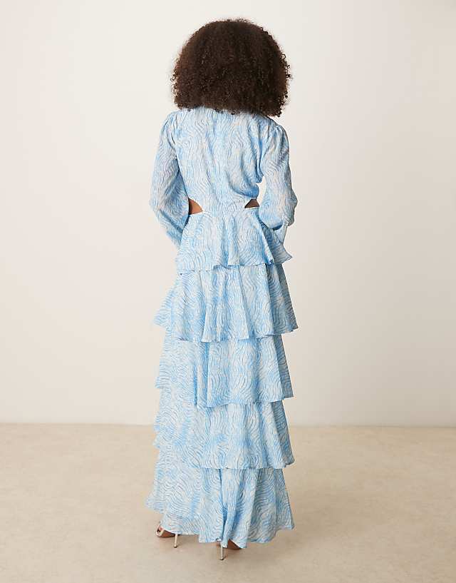 Asos Pretty Lavish Ashton Cut-out Ruffle Maxi Dress In Blue Swirl Print