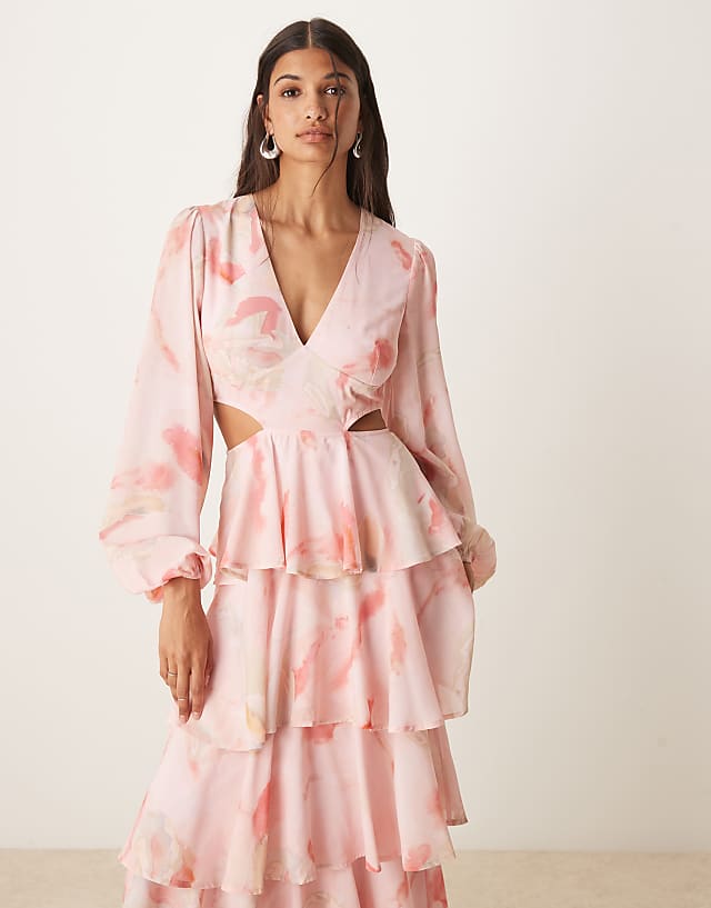 Asos Pretty Lavish Ashton Cut-out Ruffle Maxi Dress In Pink Marble Print