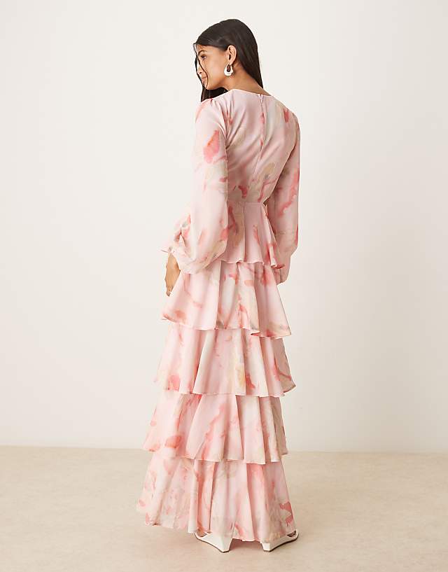 Asos Pretty Lavish Ashton Cut-out Ruffle Maxi Dress In Pink Marble Print