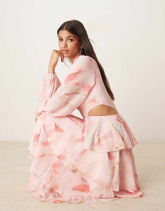 Asos Pretty Lavish Ashton Cut-out Ruffle Maxi Dress In Pink Marble Print