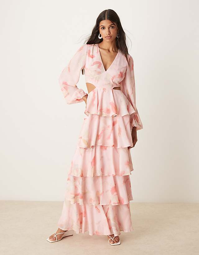 asos Pretty Lavish Ashton cut-out ruffle maxi dress in pink marble print