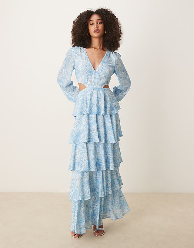 asos Pretty Lavish Ashton cut-out ruffle maxi dress in blue swirl print