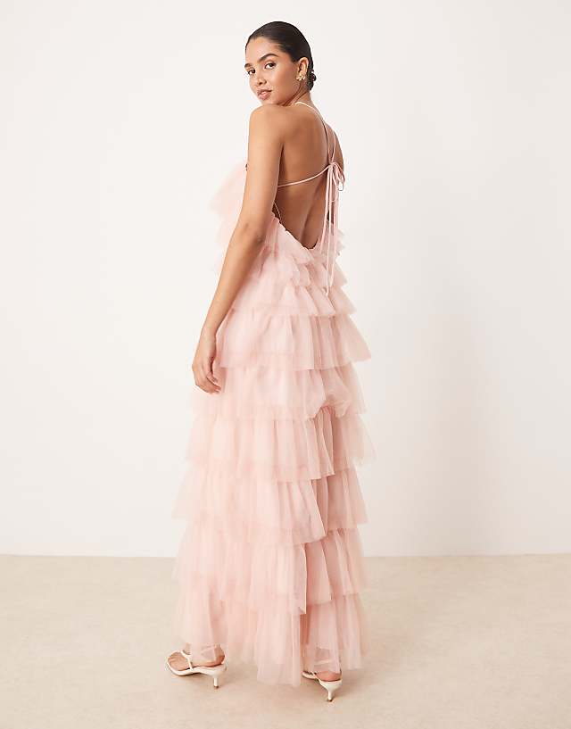 Asos Pretty Lavish Backless Tulle Ruffle Maxi Dress In Peony Pink