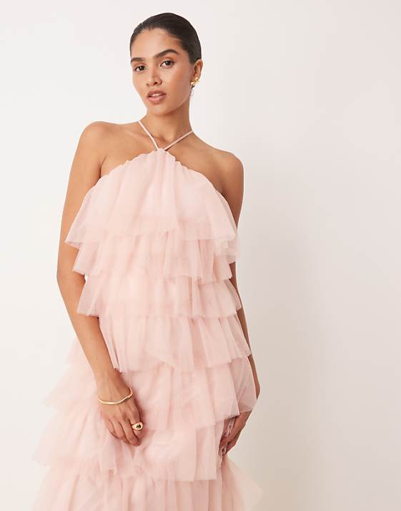 Asos Pretty Lavish Backless Tulle Ruffle Maxi Dress In Peony Pink