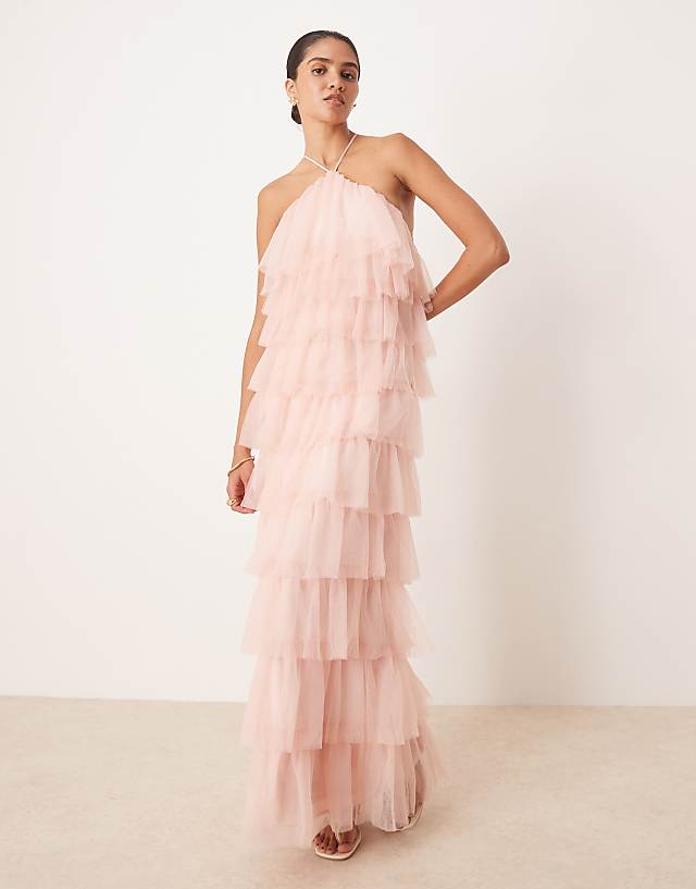 asos Pretty Lavish backless tulle ruffle maxi dress in peony pink