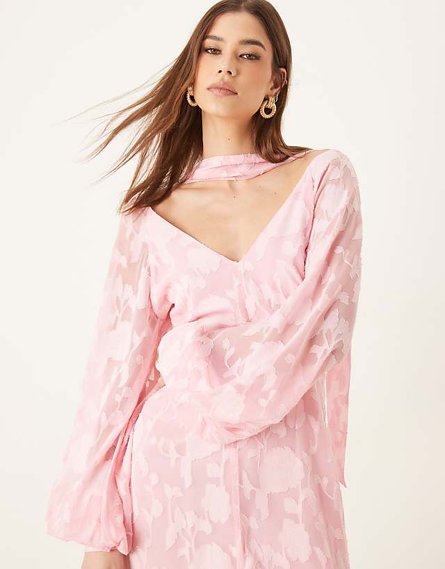 Asos Pretty Lavish Balloon Sleeve Jacquard Maxi Dress With Scarf Detail In Pink
