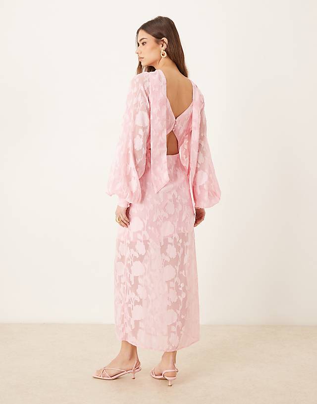 Asos Pretty Lavish Balloon Sleeve Jacquard Maxi Dress With Scarf Detail In Pink