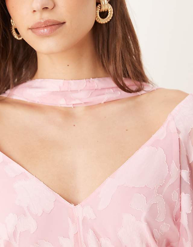 Asos Pretty Lavish Balloon Sleeve Jacquard Maxi Dress With Scarf Detail In Pink