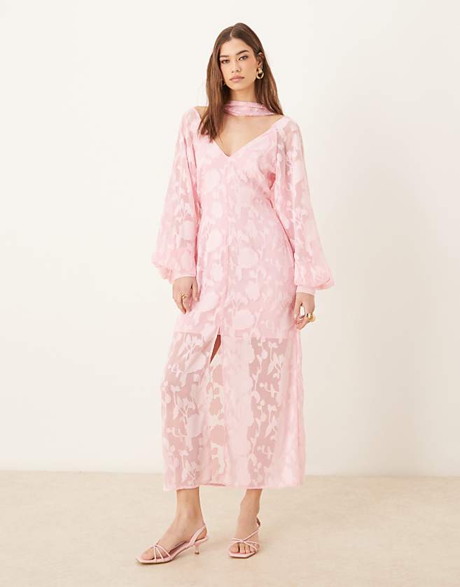 asos Pretty Lavish balloon sleeve jacquard maxi dress with scarf detail in pink