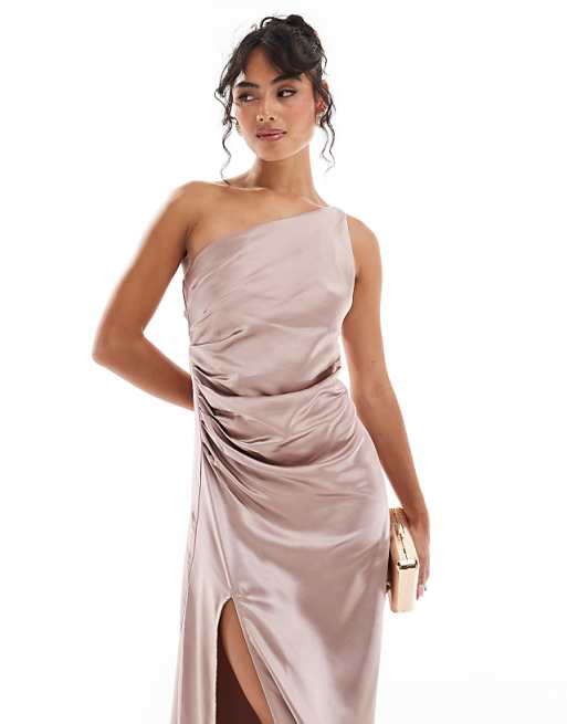asos Pretty Lavish Bridesmaid Amelia one shoulder ruched satin maxi dress in amethyst