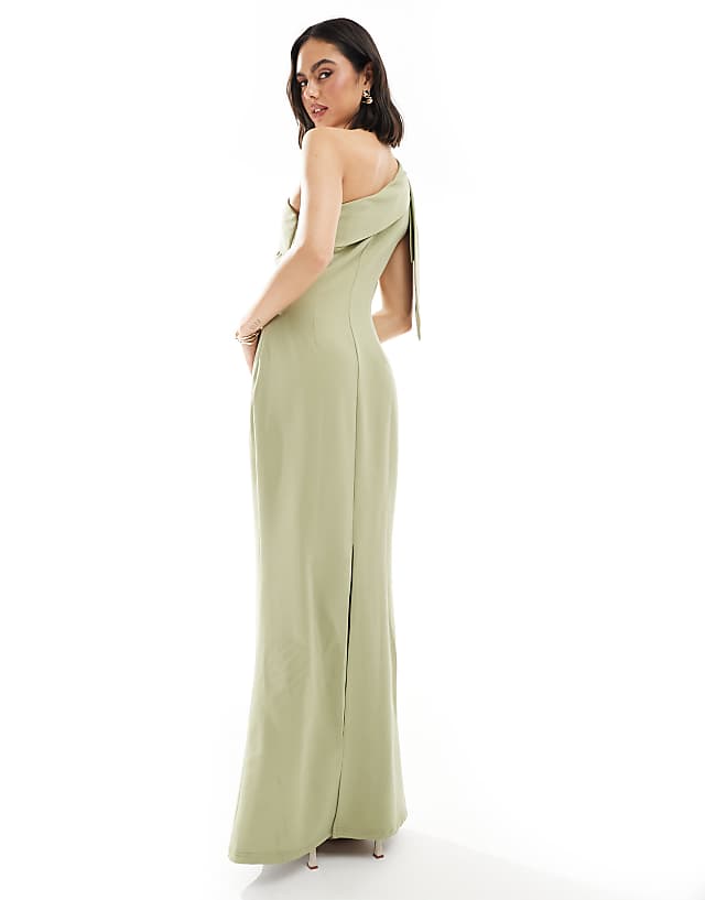 Asos Pretty Lavish Bridesmaid Crepe One Shoulder Bow Maxi Dress In Olive