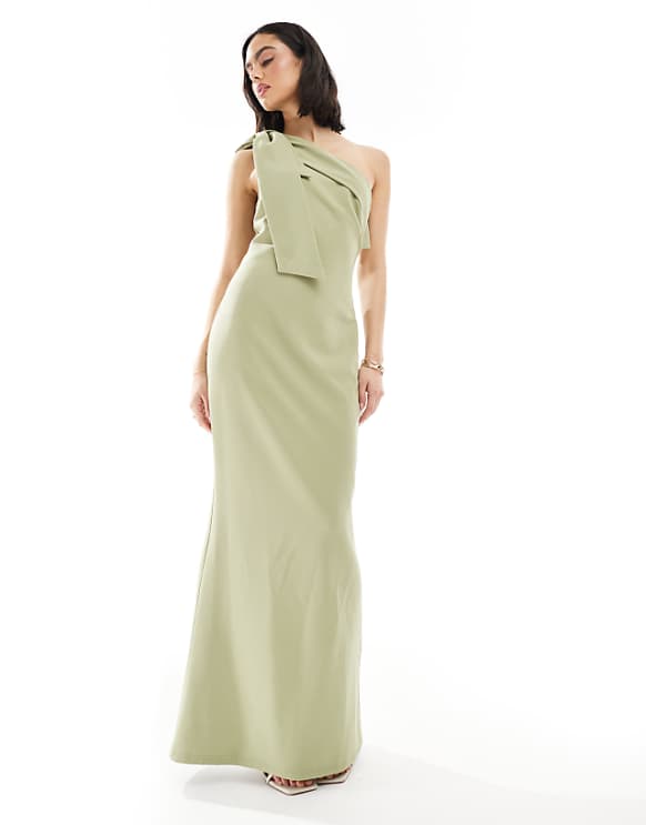 asos Pretty Lavish Bridesmaid crepe one shoulder bow maxi dress in olive