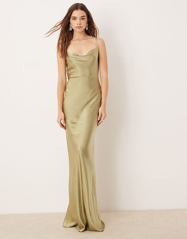 Asos Pretty Lavish Bridesmaid Keisha Cowl Neck Satin Maxi Dress In Olive