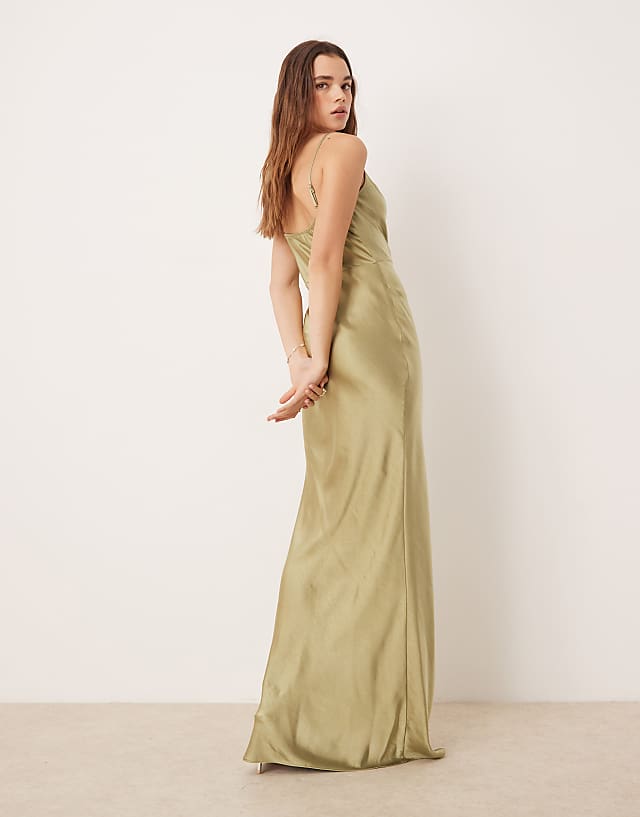 Asos Pretty Lavish Bridesmaid Keisha Cowl Neck Satin Maxi Dress In Olive