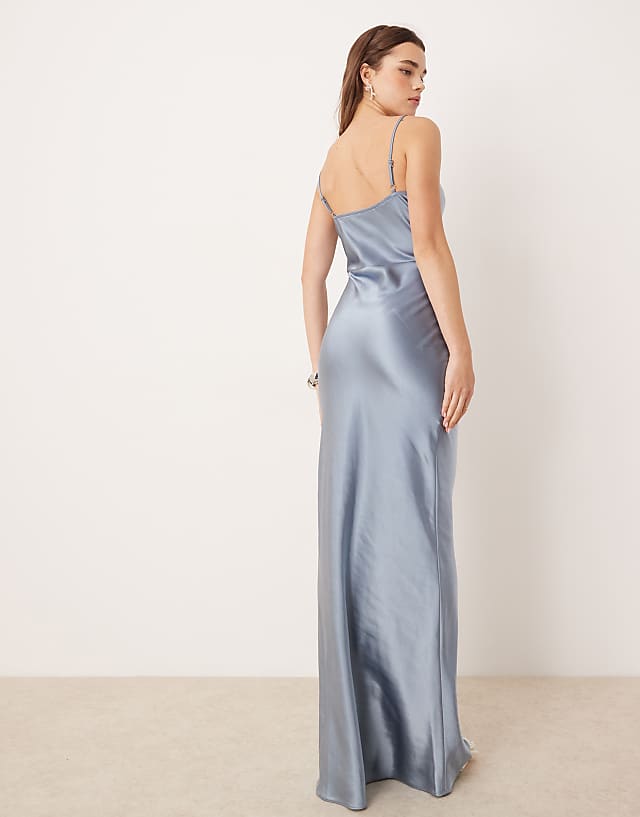 Asos Pretty Lavish Bridesmaid Keisha Cowl Neck Satin Maxi Dress In Dusty Blue