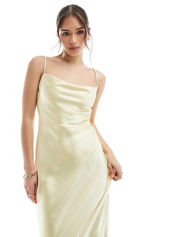 Asos Pretty Lavish Bridesmaid Keisha Cowl Neck Satin Maxi Dress In Lemon