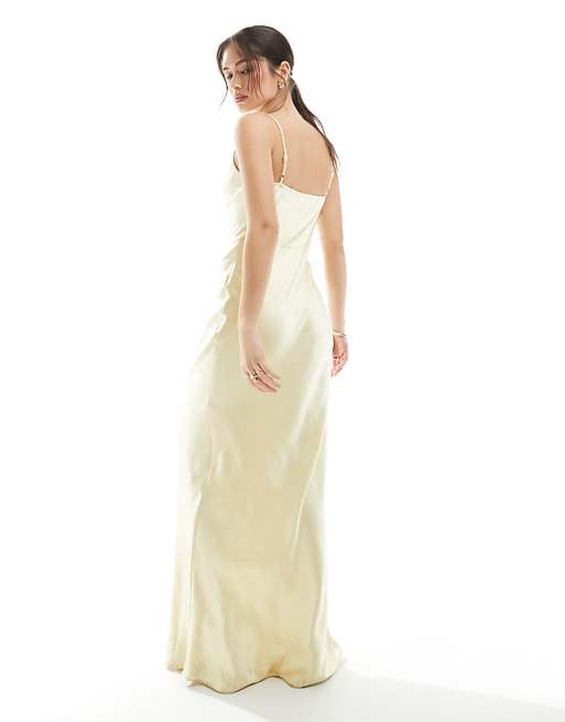 Asos Pretty Lavish Bridesmaid Keisha Cowl Neck Satin Maxi Dress In Lemon