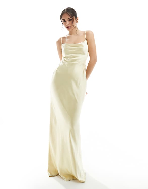 asos Pretty Lavish Bridesmaid Keisha cowl neck satin maxi dress in lemon