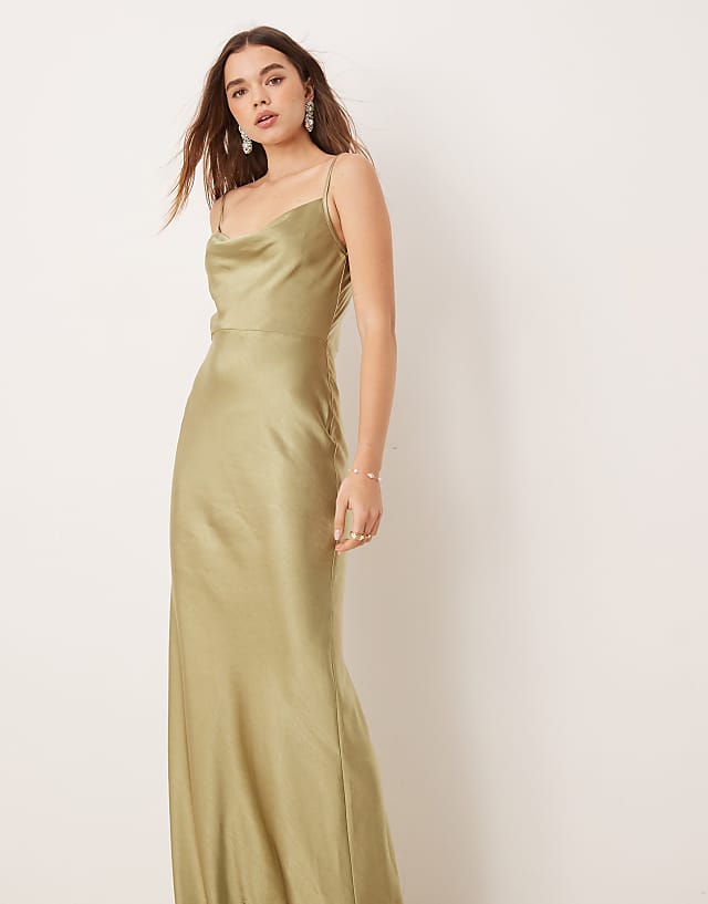 asos Pretty Lavish Bridesmaid Keisha cowl neck satin maxi dress in olive