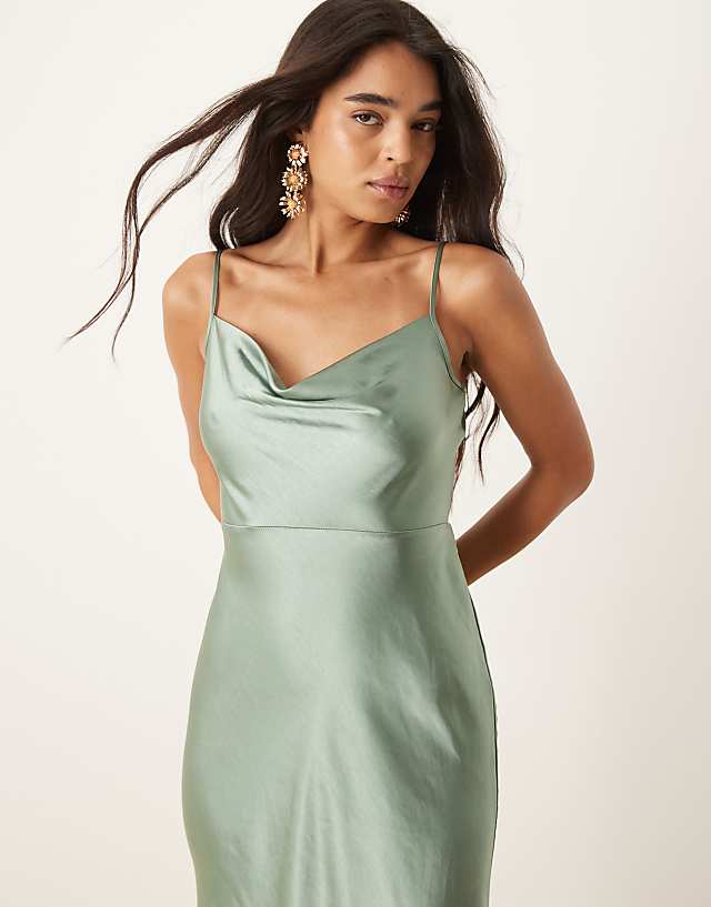 Asos Pretty Lavish Bridesmaid Keisha Satin Cowl Neck Maxi Dress In Eucalyptus