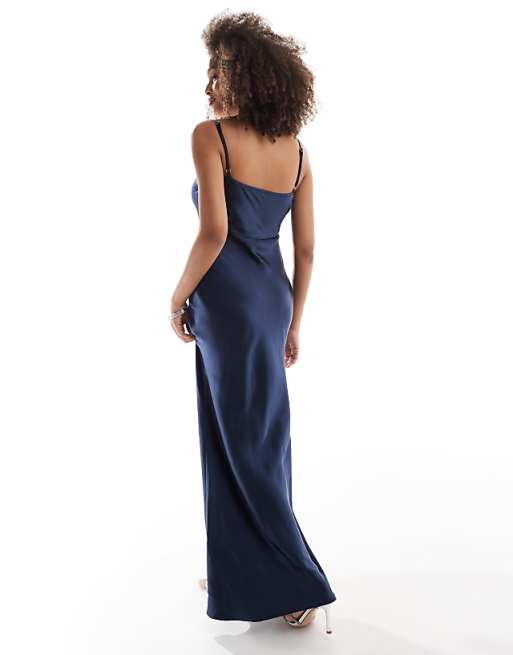 Asos Pretty Lavish Bridesmaid Keisha Satin Maxi Dress In Midnight Navy