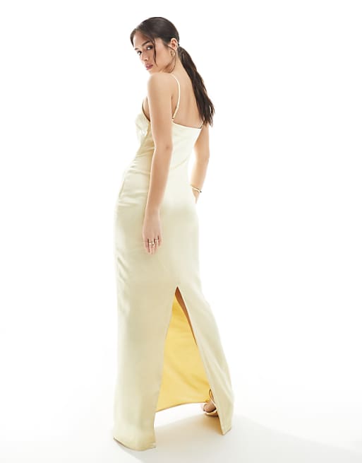 Asos Pretty Lavish Bridesmaid Satin Boat Neck Maxi Dress In Lemon