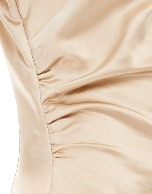 Asos Pretty Lavish Bridesmaid Satin Boat Neck Maxi Dress In Matte Gold