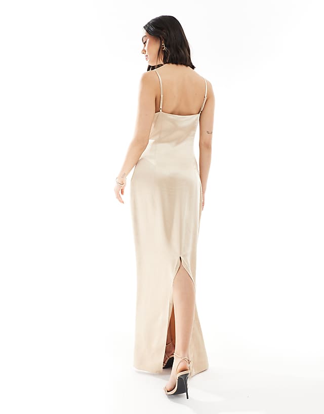 Asos Pretty Lavish Bridesmaid Satin Boat Neck Maxi Dress In Matte Gold