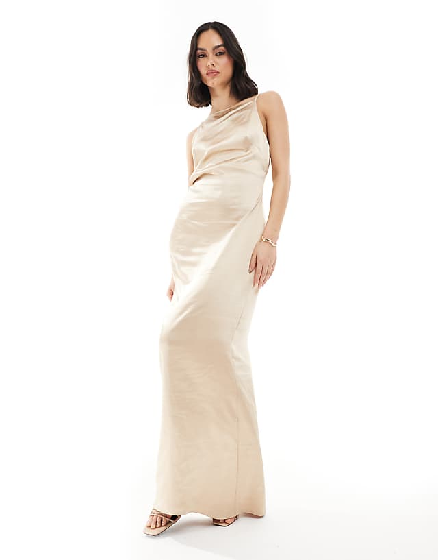 asos Pretty Lavish Bridesmaid satin boat neck maxi dress in matte gold
