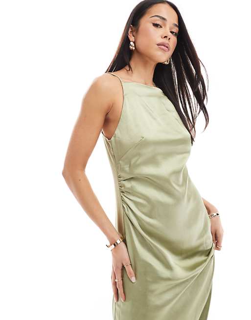 Asos Pretty Lavish Bridesmaid Satin Boat Neck Maxi Dress In Olive