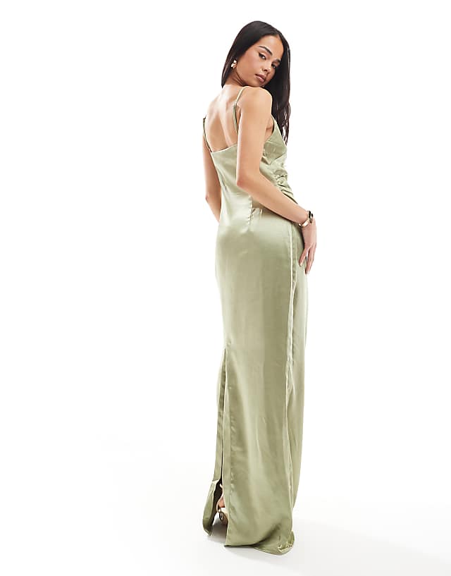 Asos Pretty Lavish Bridesmaid Satin Boat Neck Maxi Dress In Olive