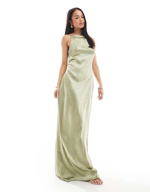 asos Pretty Lavish Bridesmaid satin boat neck maxi dress in olive