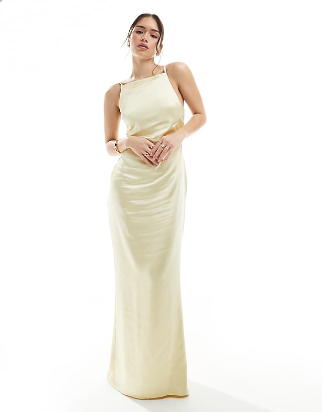 asos Pretty Lavish Bridesmaid satin boat neck maxi dress in lemon