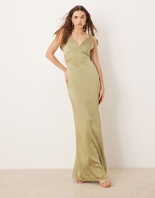 Asos Pretty Lavish Bridesmaid Tie Shoulder Satin Maxi Dress In Olive