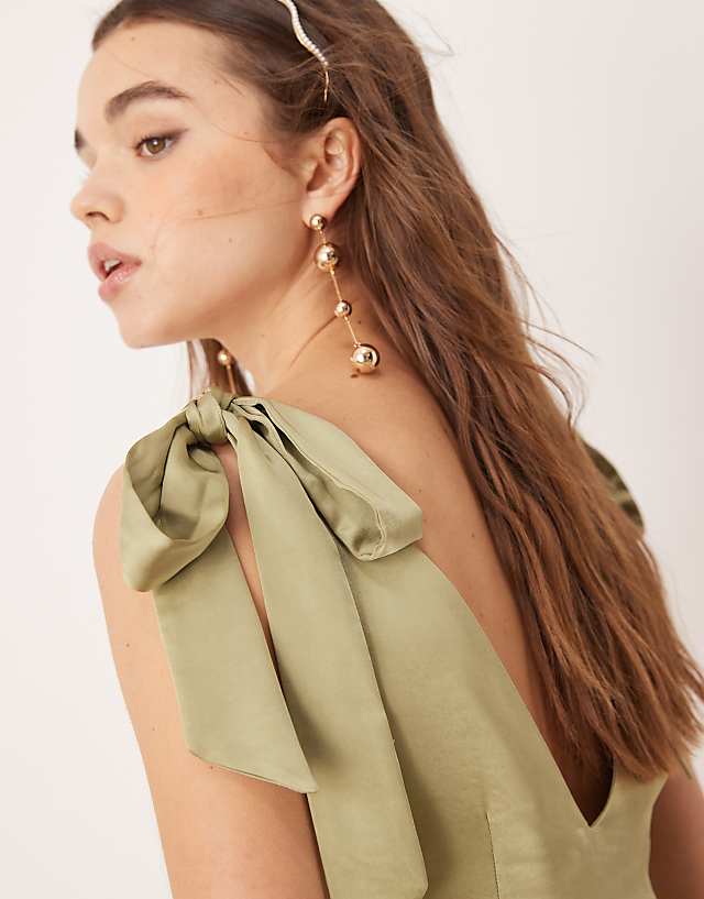 Asos Pretty Lavish Bridesmaid Tie Shoulder Satin Maxi Dress In Olive