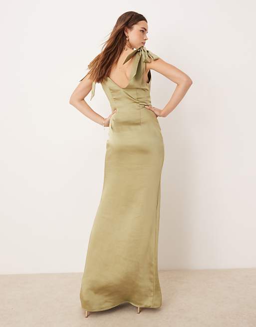 Asos Pretty Lavish Bridesmaid Tie Shoulder Satin Maxi Dress In Olive