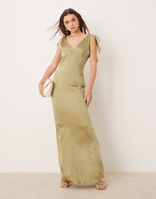 asos Pretty Lavish Bridesmaid tie shoulder satin maxi dress in olive