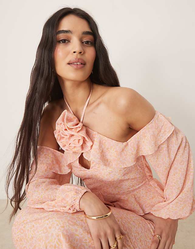 Asos Pretty Lavish Chiffon Corsage Ruffle Maxi Dress In Pink Ditsy Floral