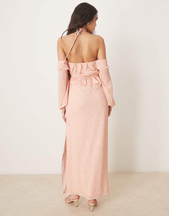 Asos Pretty Lavish Chiffon Corsage Ruffle Maxi Dress In Pink Ditsy Floral