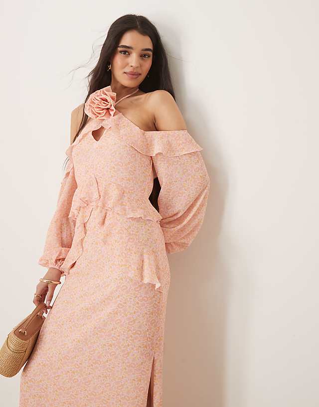 Asos Pretty Lavish Chiffon Corsage Ruffle Maxi Dress In Pink Ditsy Floral