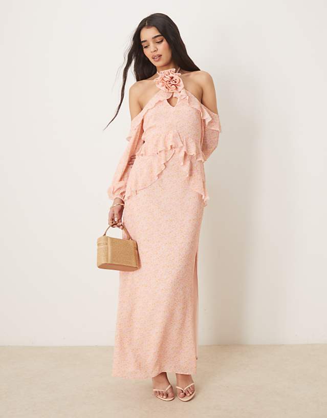asos Pretty Lavish chiffon corsage ruffle maxi dress in pink ditsy floral