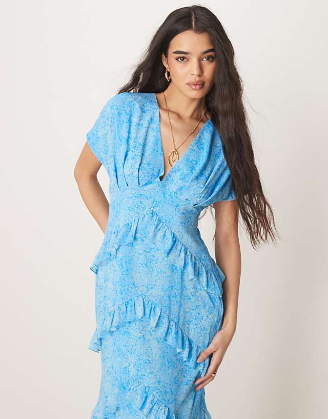 Asos Pretty Lavish Chiffon Ruffle Maxi Dress In Abstract Blue Floral